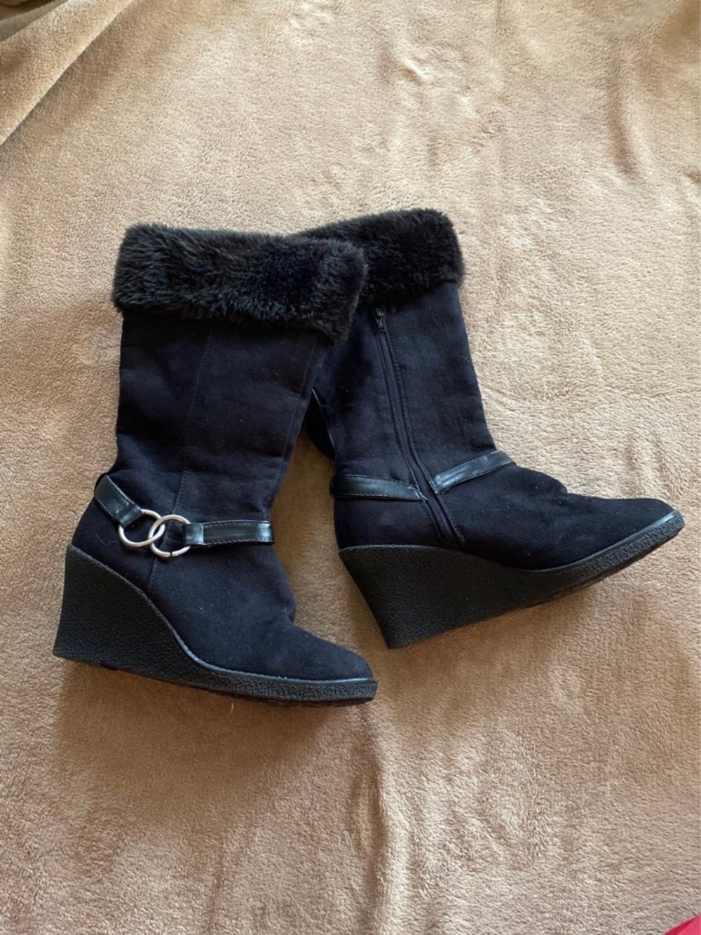 y2k high heel boots with fur / y2k Route 66 Black Faux Fur Wedge Mid-Calf Boots